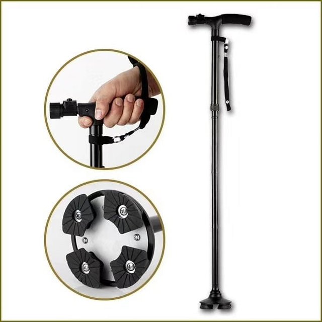 Bastón plegable con bastón ajustable para hombres y mujeres, bastón para ancianos, mango en T con cojín de asiento y cuatro patas giratorias