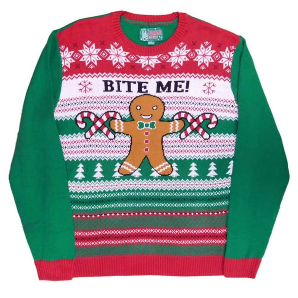 Ugly Christmas Sweater Mens Bite Me Gingerbread Man