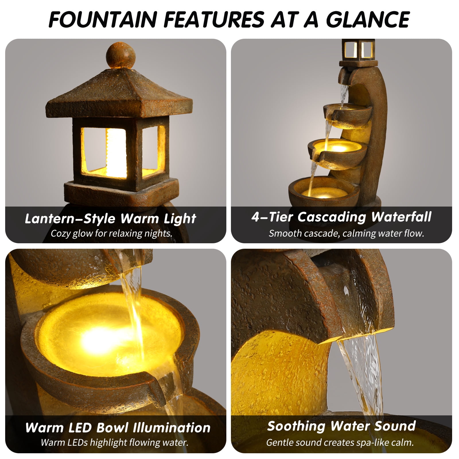 Mintazer 35.4" Pagoda Lantern Cascading Waterfall Fountain with LED Lights, Outdoor Garden Fountain for Patio Porch Backyard Landscape