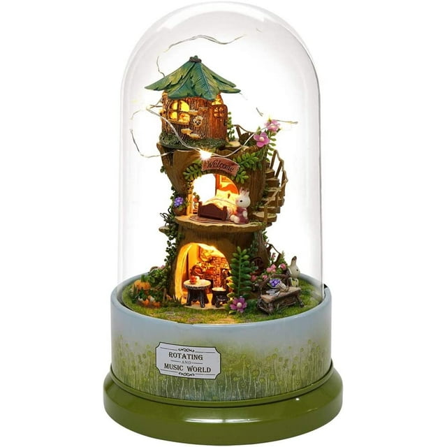Cute Dollhouse DIY Miniature with LED Light Forest Rotate Music Box with Dust Cover