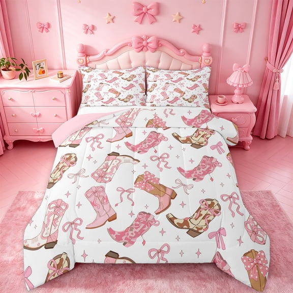 jejeloiu Pink Cowgirl Boot Bow Full Size Comforter Sets Kids,Cute Western Print Bedding Sets,Reversible,3-Piece