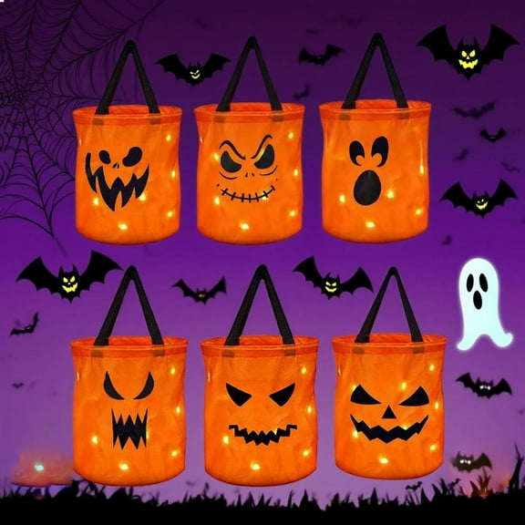 6-Pack Light Up Party Trick or Treat Bags, LED Pumpkin Candy Buckets Reusable Goody Bags for Kids Party Favors (Orange)
