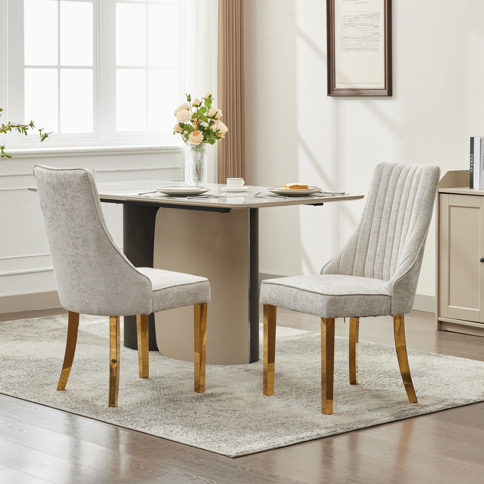 Aukfa Modern Chenille Dining Chairs Set of 2, Upholstered Kitchen Side Chair Accent Chair w/ Golden Steel Legs,Beige