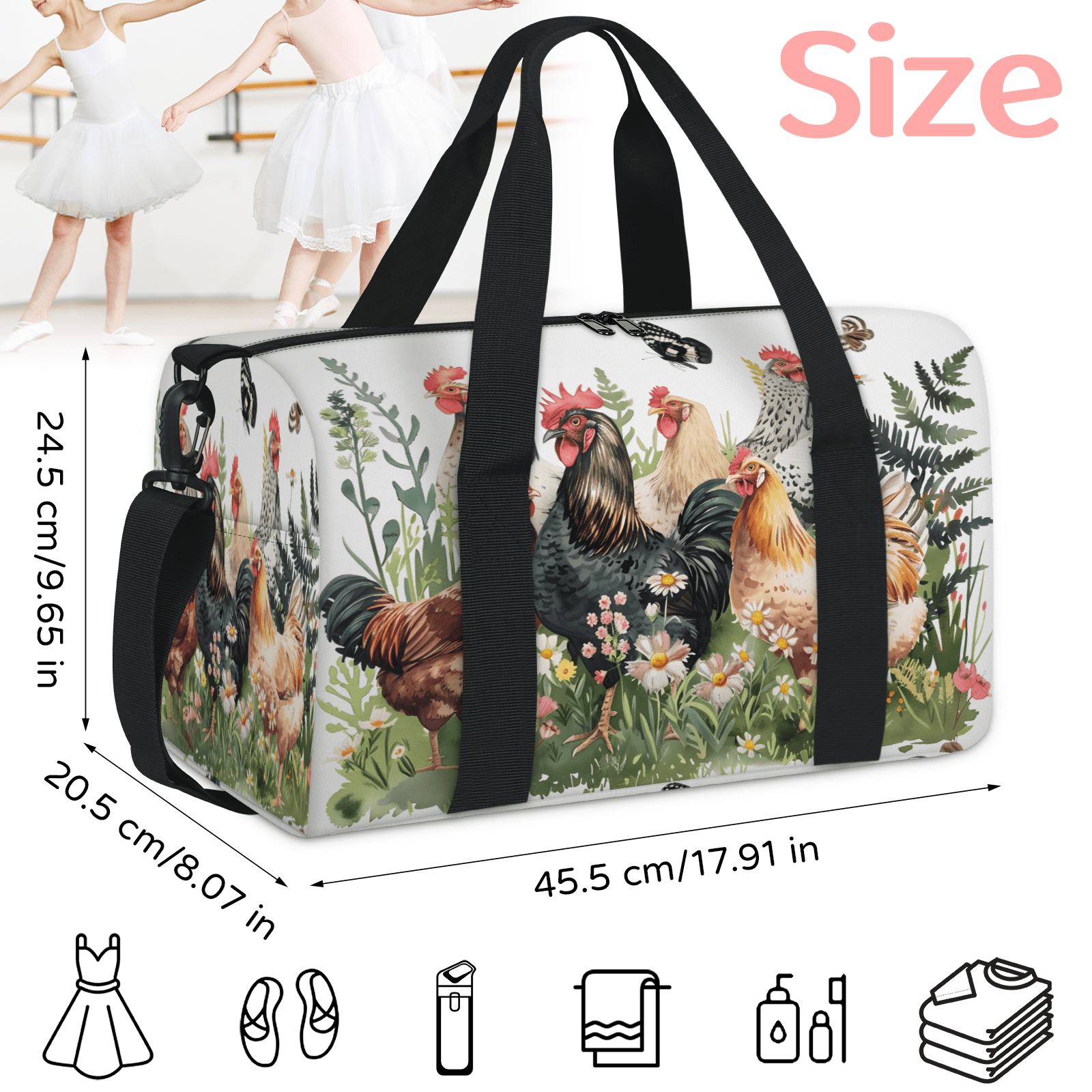 Herdesigns Funny Roosters Chickens Travel Duffle Bag Sports Yoga Weekender Overnight Carry on Workout Bags Lightweight Waterproof Gym Tote Bag for Women