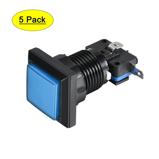 Juego de botón pulsador 34x34 cuadrado interruptor pulsador LED iluminado de 12V con microinterruptor para videojuegos de arcade azul, 5 piezas