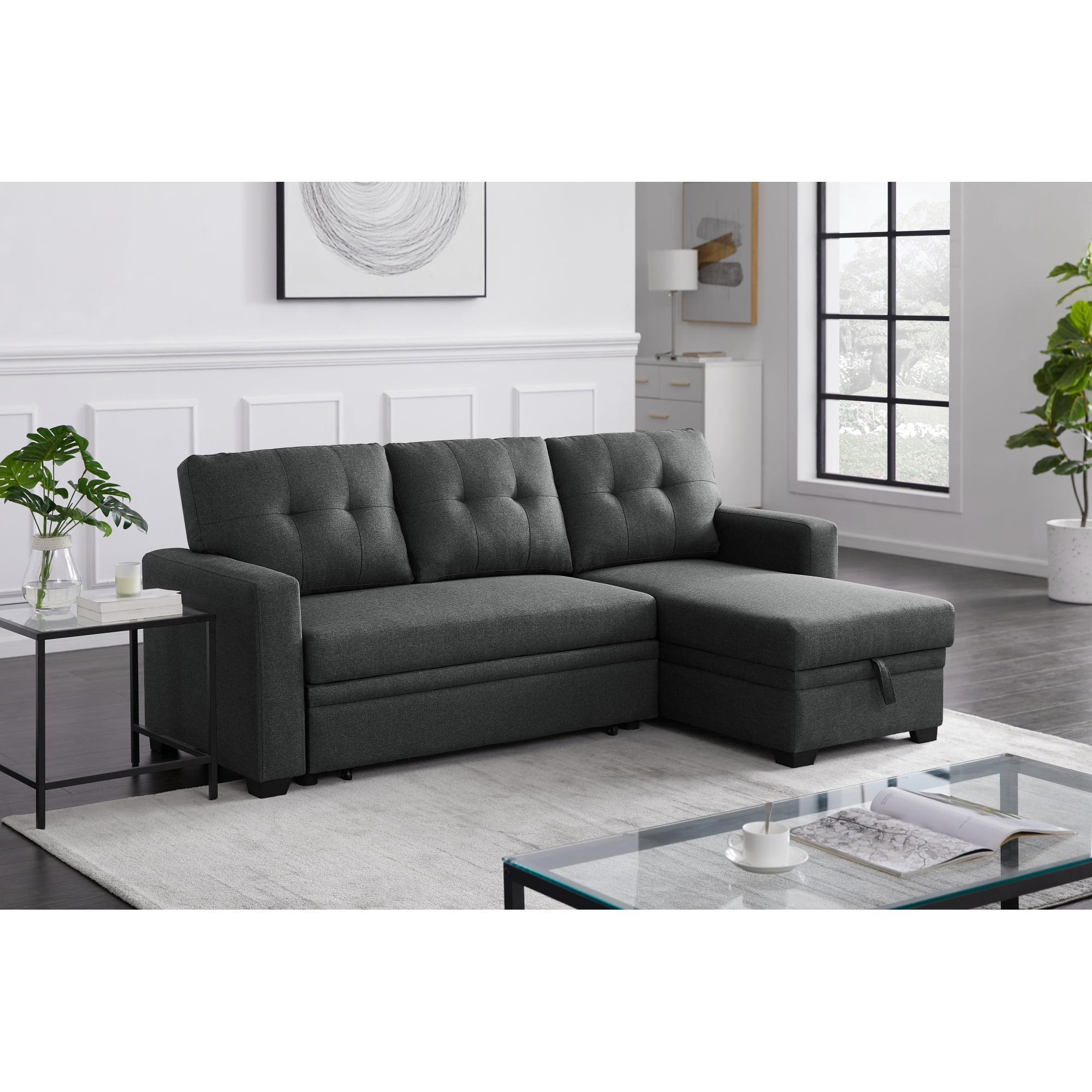 Upholstered Pull out Sectional Sofa with Chaise Modular Couches with Storage 5 Seat Sponge Sofa for Living Room Dark Gray