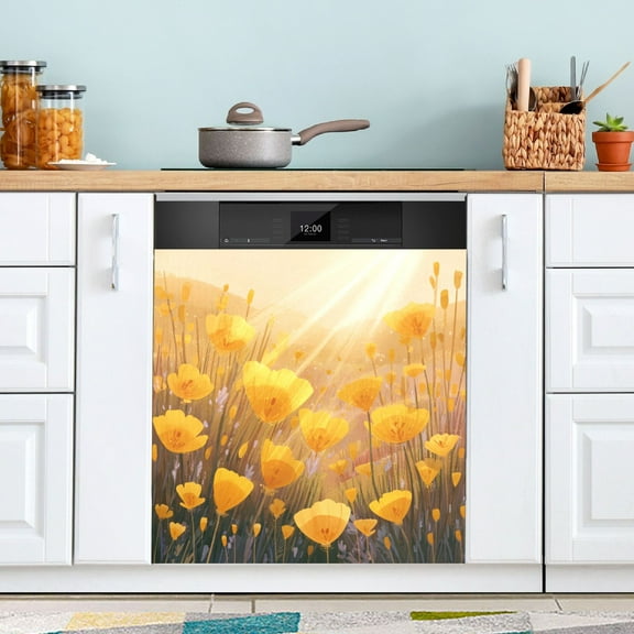 23x26 Inch Magnetic Appliance Cover Dishwasher Sticker Home Decorative Art Kitchen Panel Decal Trimmable Yellow Flower Field