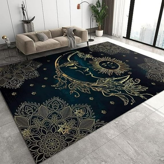Black Gold Star Moon Sun Area Rug, Celestial Sun Moon And Stars Soft Washable Carpet, Upholstery Rug With Non-Slip Backing For Kids Boys Girls Bedroom Living Room Dining Room 5' x 7'