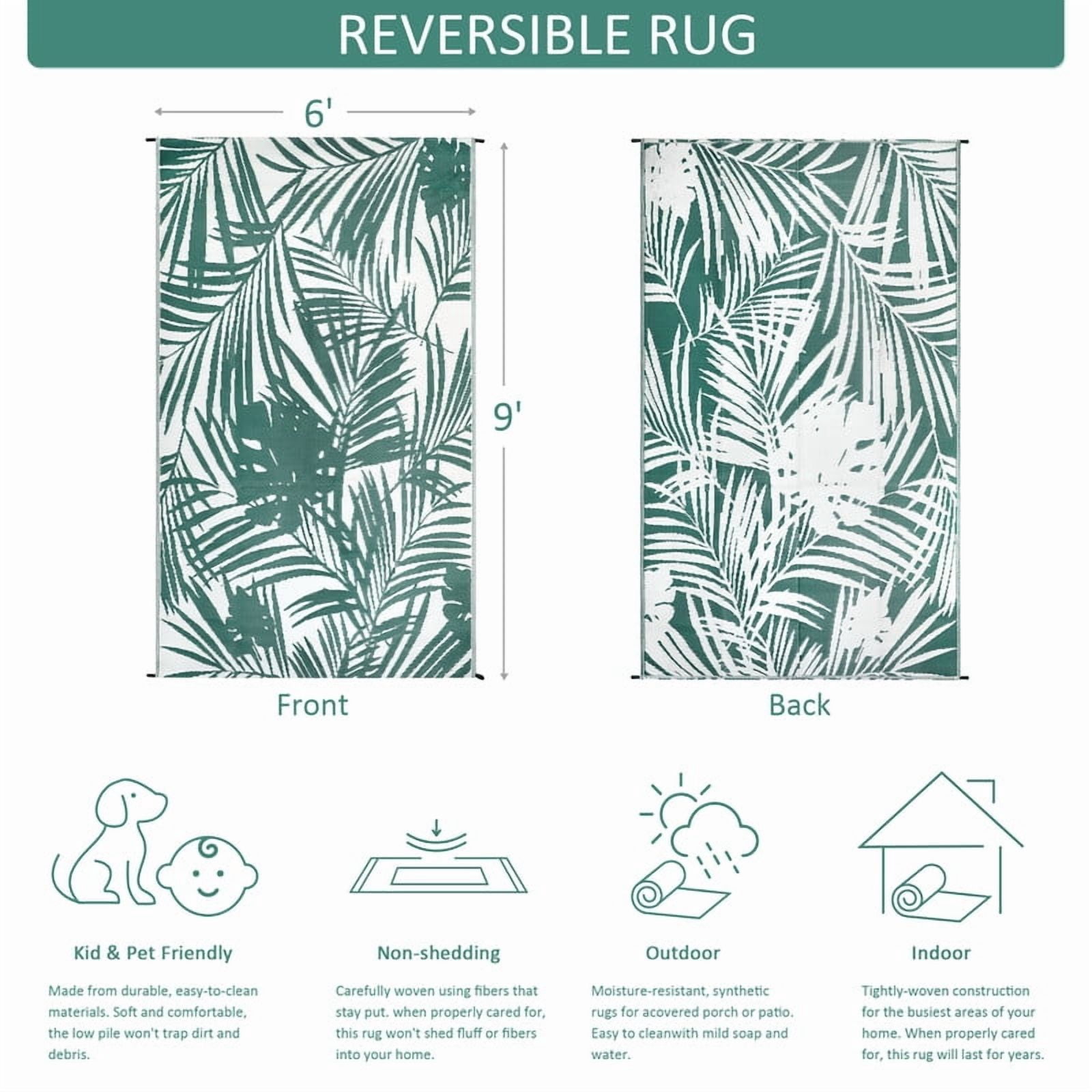 Aonewoe Outdoor Rug 6x9 Waterproof Reversible Plastic Straw Camping Rugs for Outside RV, Indoor Outdoor Area Rugs for Patio,Deck,Porch,Balcony, Green & White