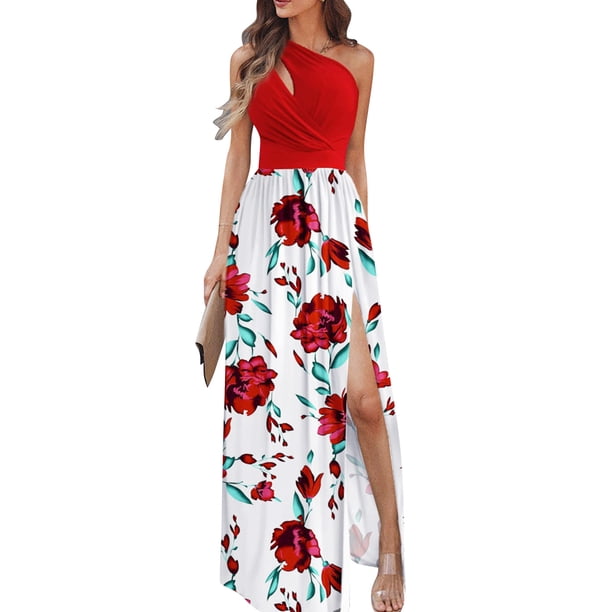 VISgogo Vestido de un hombro para mujer, estampado floral / Tie Dye, sin mangas, dobladillo dividido, plisado, cintura alta, falda de una pieza VISgogo moda