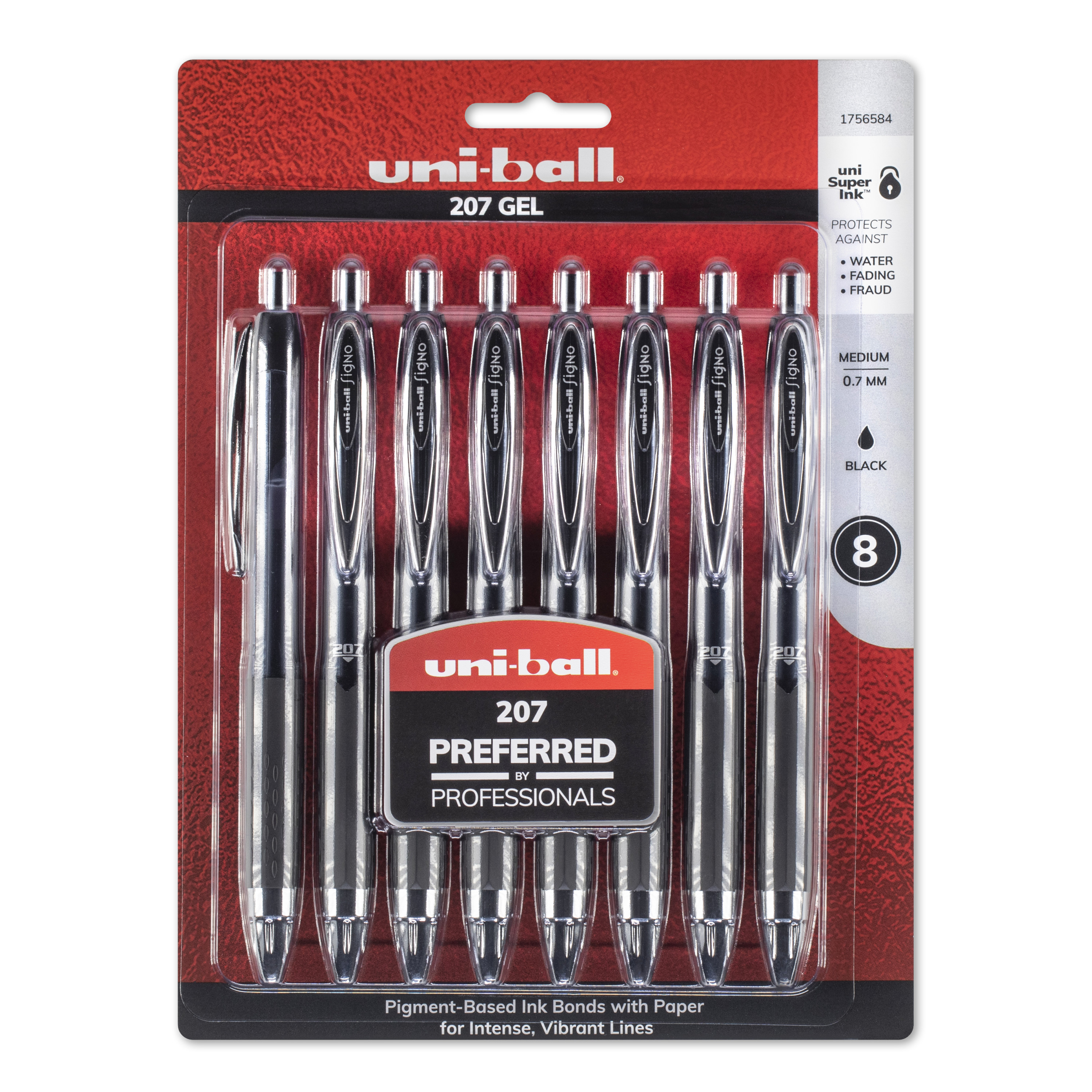 uniball 207 Retractable Gel Pens, Medium Point (0.7mm), Black, 8 Count