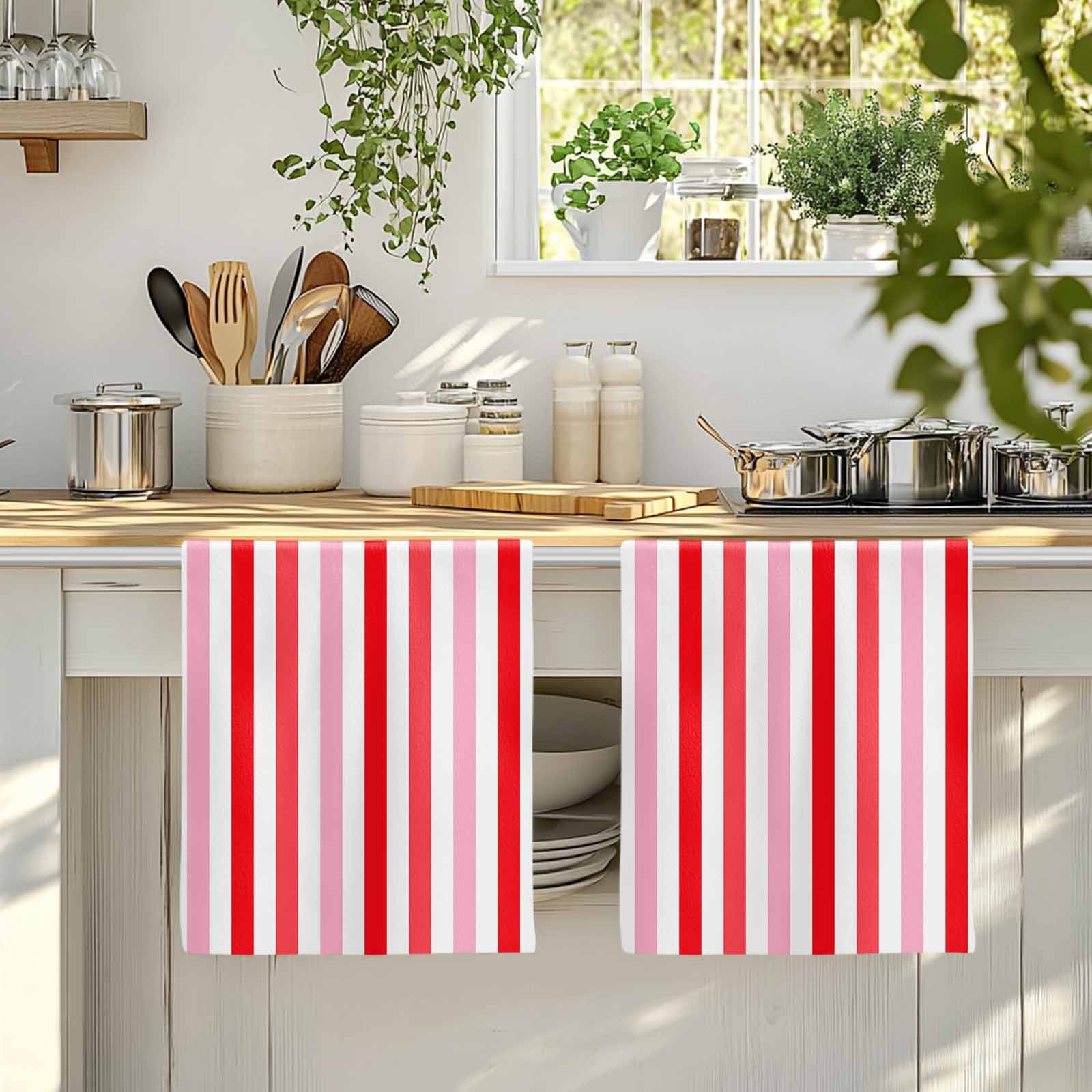 Dish Towels, Pink Red Stripes Absorbent Kitchen Towels 2 PCS, Lines Striped Microfiber Hand Towels Dish Cloths Tea Towels for Home&nbsp;Bathroom Cleaning Drying,18X28-Inch,