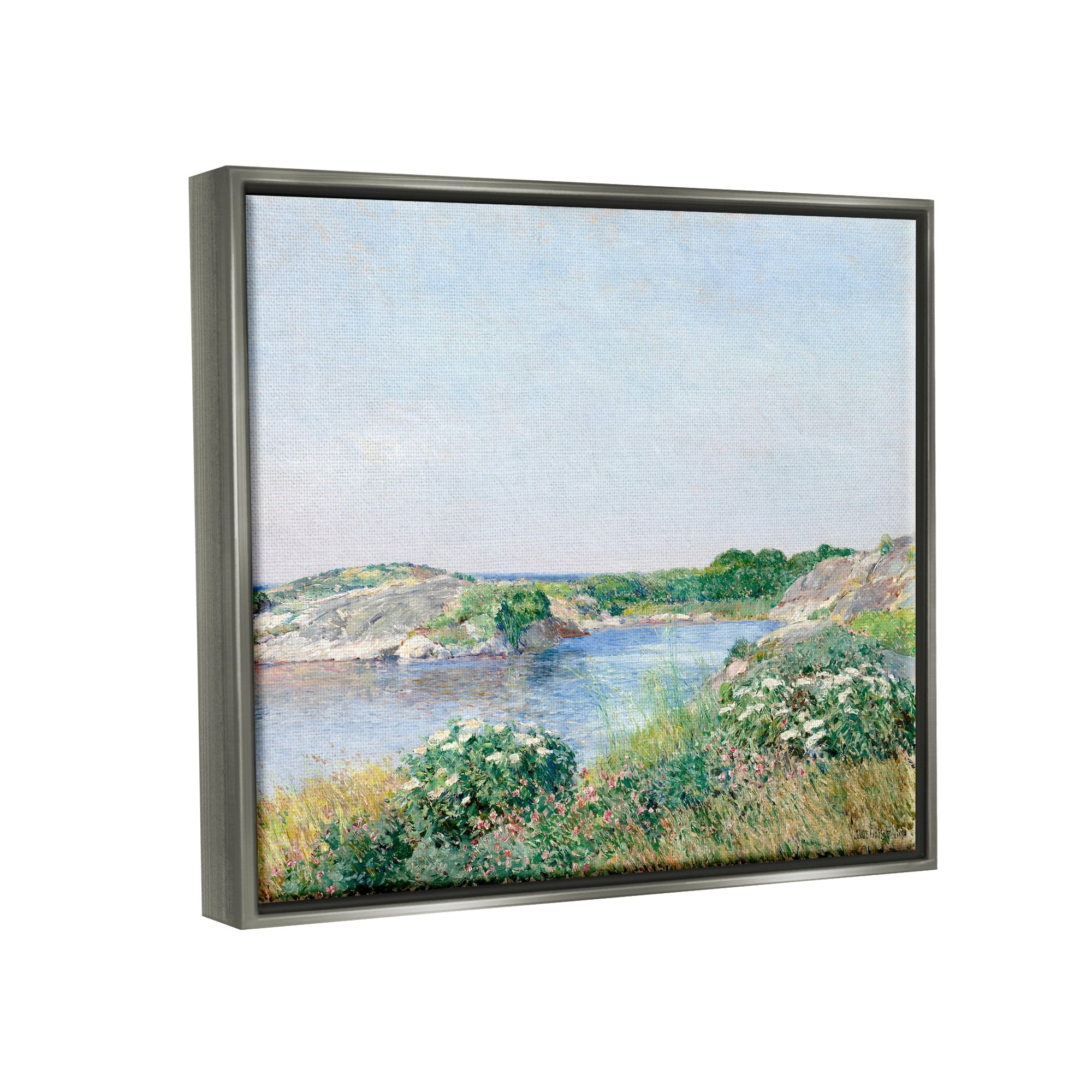 Stupell Industries Rocky Shore Flower Bushes Ocean Inlet Scene Painting Luster Gray Floating Framed Canvas Print Wall Art, Design by Lettered and Lined