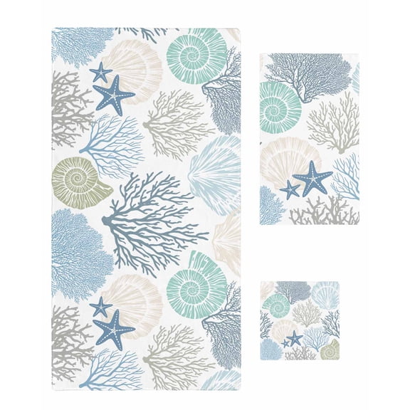 Coastal Bath Towels for Bathroom Set,Luxury Microfiber Towels Gifts for Women,Quick Dry Beach Kitchen Hand Hair Face Towel and Dish Washcloth,Summer Beach Nautical Coral Starfish Yoga Towels Set