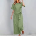thumbnail image 2 of TRUBKH Womens Loungewear Sets Short Sleeve Lounge Sets Round Neck Short Sleeve Wide Leg Pants Linen Sets for Women Airport Travel Outfit Women Linen Set Women Travel Outfits for Women Green L, 2 of 6
