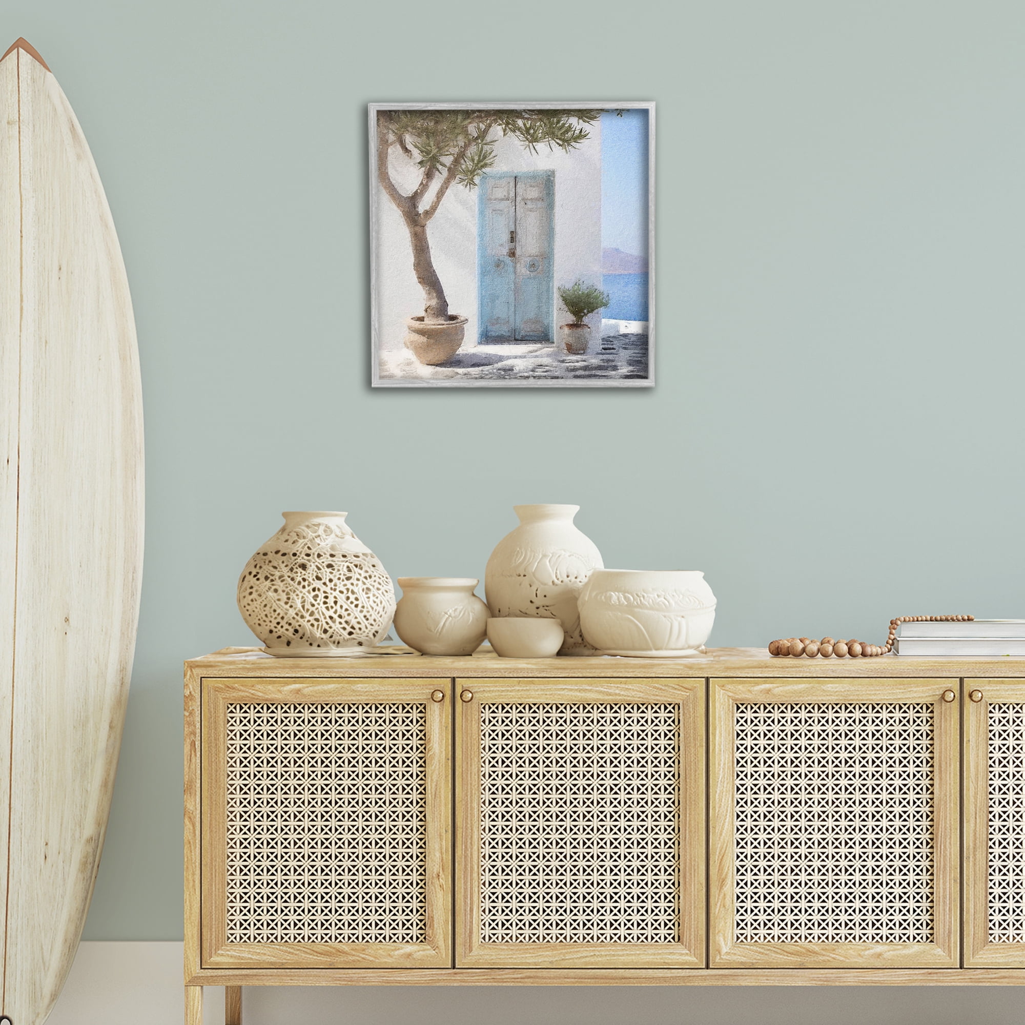 Stupell Industries Coastal Greek Door Town & City Painting Gray Framed Art Print Wall Art, 24 x 24