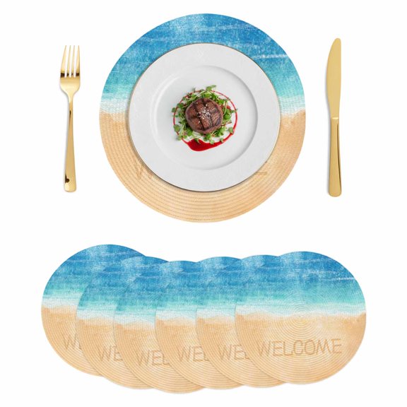 Round Placemats Welcome Summer Beach 15 inch Set of 6 Table Mats for Dining Table Blue Ocean Waves Heat Resistant Non-Slip Kitchen & Home Decorative Place Mat Set