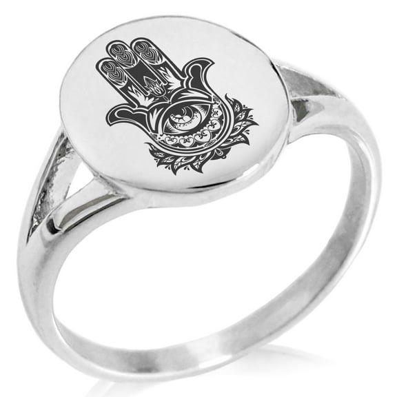 Stainless Steel Floral Hamsa Hand of Fatima Minimalist Oval Top Polished Statement Signet Ring