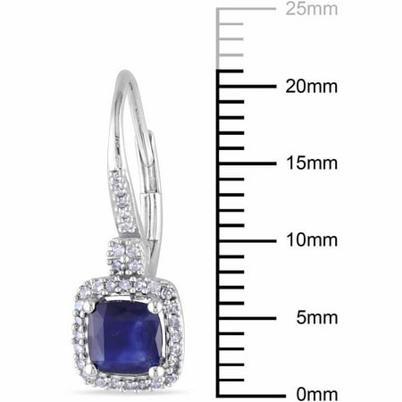 1/5 Carat Diamond Drop Earrings - 1-2/5 Carat T.G.W. Cushion-Cut Diffused Sapphire and 1/5 Carat T.W. Diamond 10kt White Gold Leverback Halo Earrings