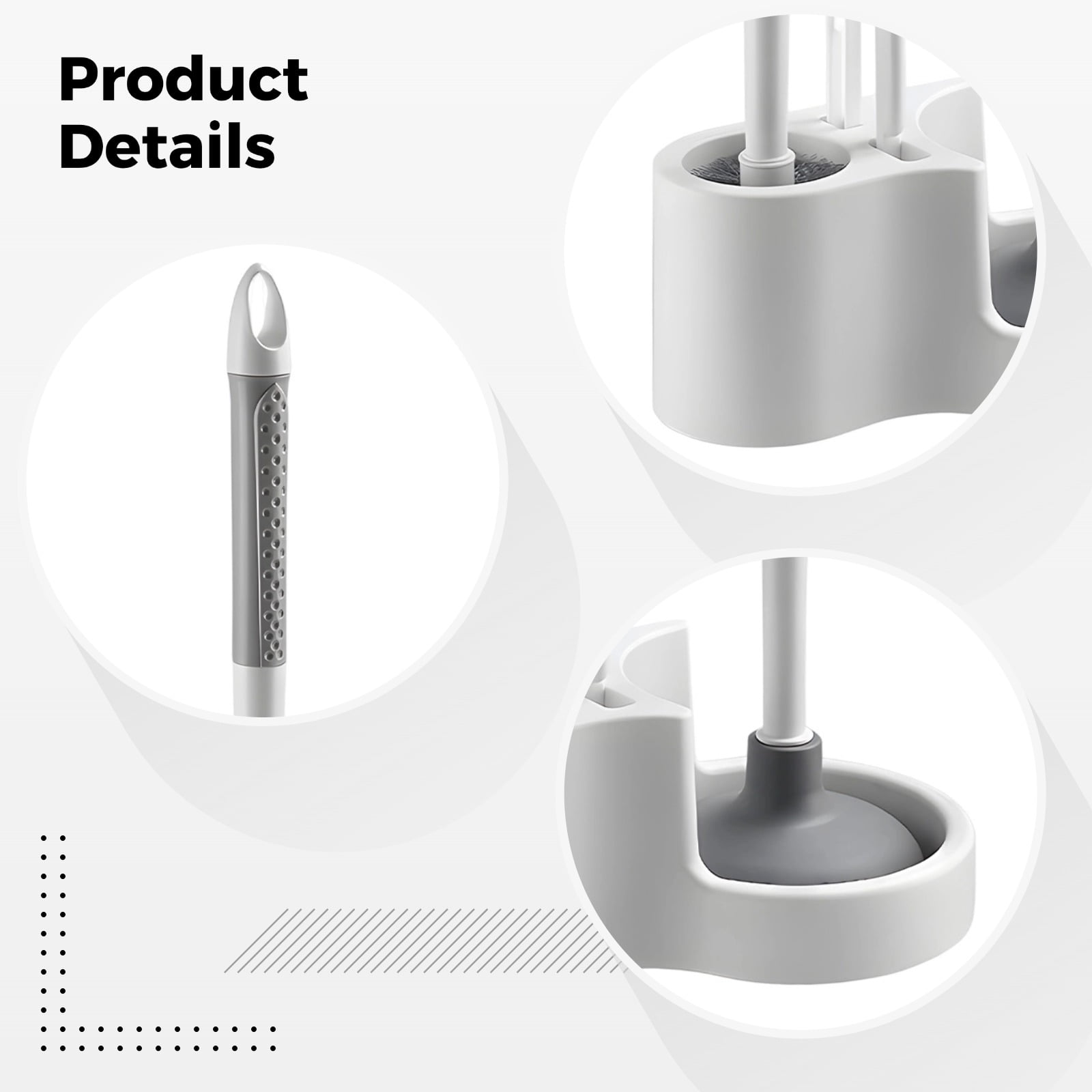 4 in 1 Toilet Bowl Brush And Plunger Set, Plastic, Wall Mount, 14.6 in, White & Gray, Toilet Brush Set for Bathroom, Toilet Brush and Holder Set, Space Saving