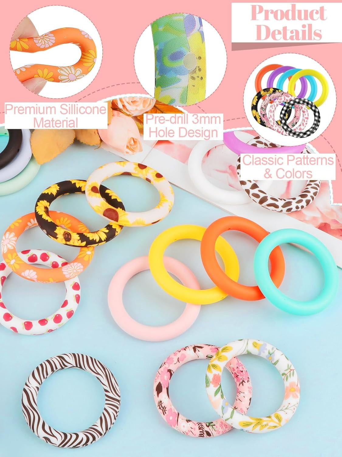 Kalolary 45 PCS Silicone O Rings Beads, 65mm Sunflower Beadable Silicone Rings Spring Summer Round Silicone Loop Silicone Pendant Beads for DIY Keychain Bracelet Jewelry Making Hanging Ornaments