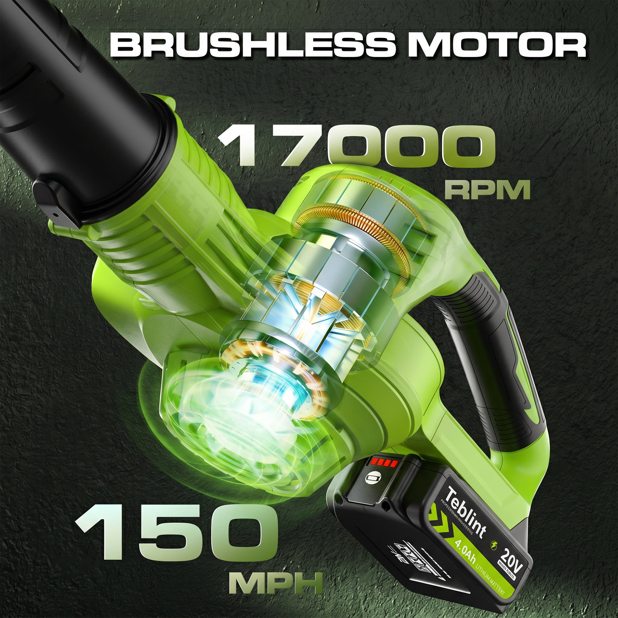 Teblint Cordless Leaf Blower, 150MPH 350 CFM 20V Electric Leaf Blower with 4.0Ah Battery & Charger, Battery Powered Leaf Blower for Snow Blowing, Lawn Care, Patio, Garden Cleaning(Green)
