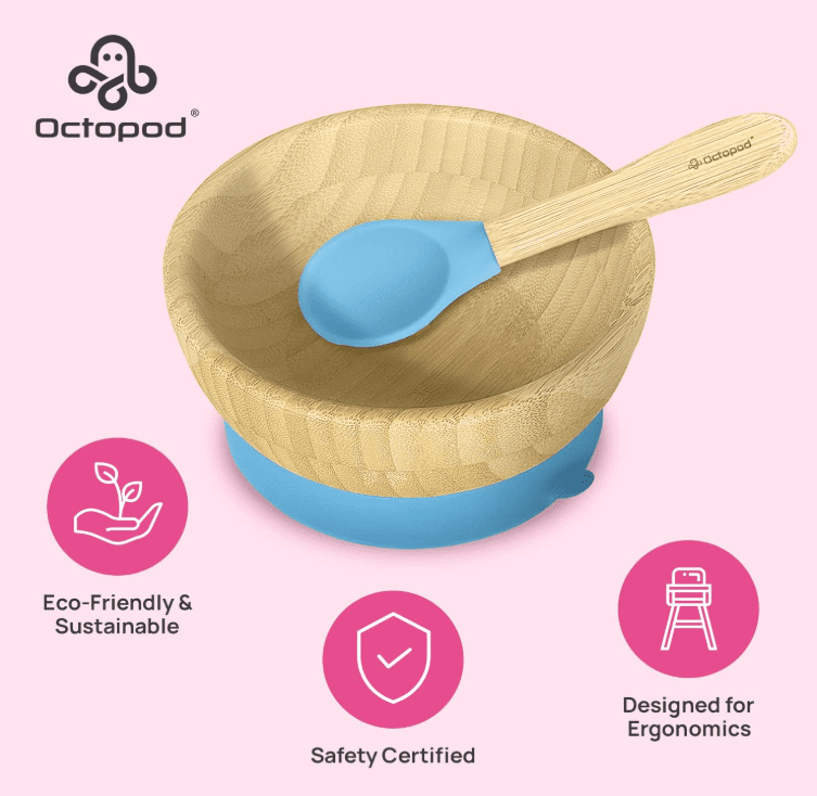 Abiie Octopod Bamboo Suction Bowl -  Baby Bowl with Suction for 4 months and up, High-Chair Bamboo Baby Plate, Mess-Free Toddler Suction Plates, Ergonomic Baby Feeding Supplies - (Blue)