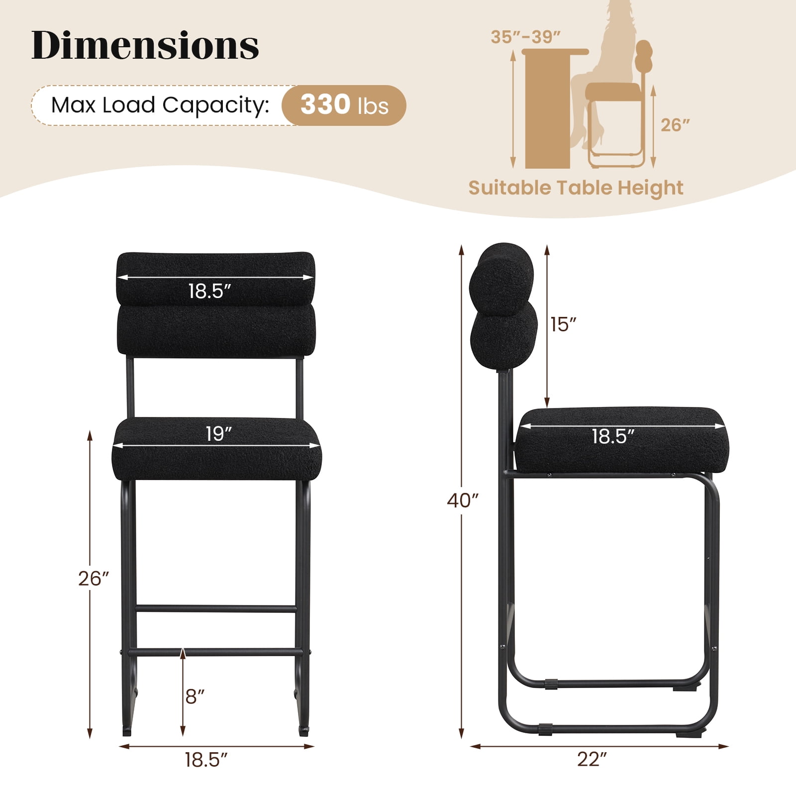 Gymax Set of 2 Counter Height Bar Stools 26'' Counter Stools w/ Metal Frame & Footrest Black
