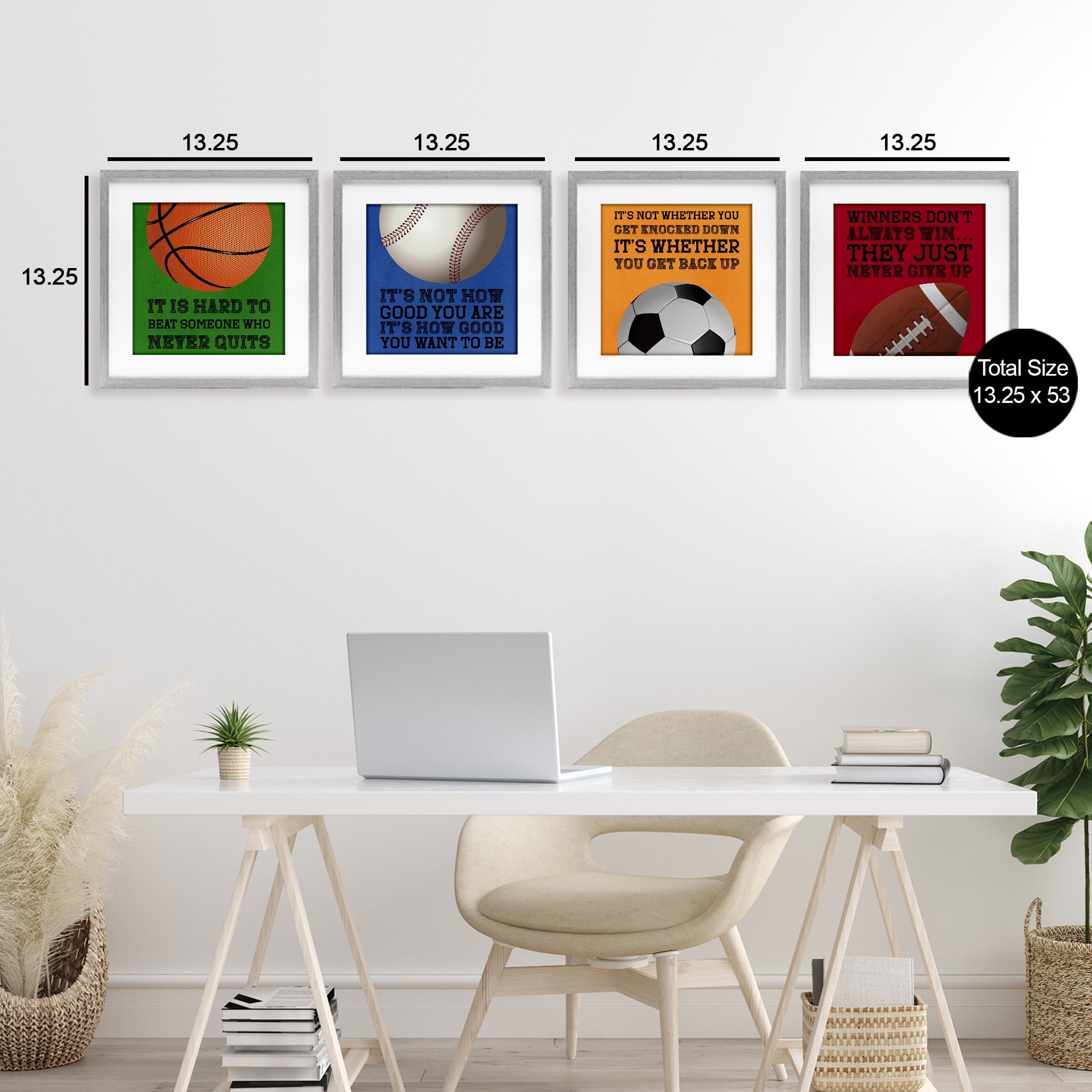 Motivational Sports Determination 4 Piece Gray Framed Print Under Glass Set, design by Marcus Prime
