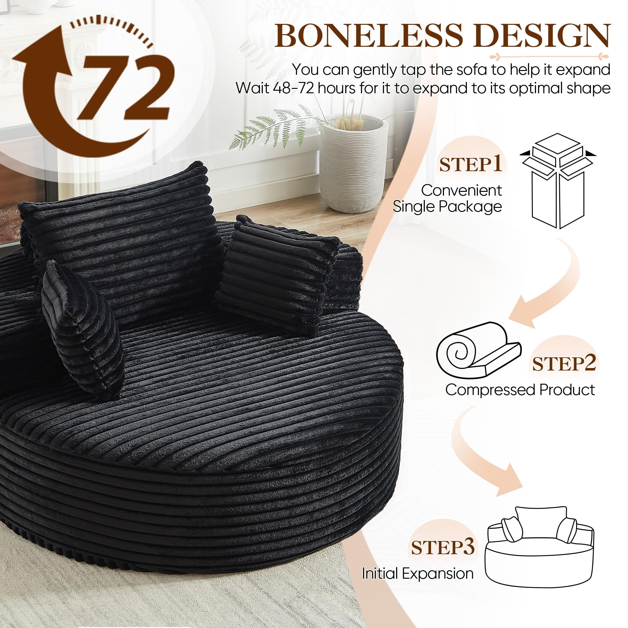 Aukfa 55" Oversized Round Chaise Lounge Chair Indoor, Corduroy Upholstered Sleeper Chair with Deep Seat & Pillows, Black