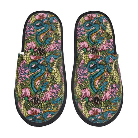 Balery Snake And Flower Slient Indoor Furry Fleece Comfort House Shoes Soft Non-Slip Home Shoes Cotton slippers House Slippers-- Medium