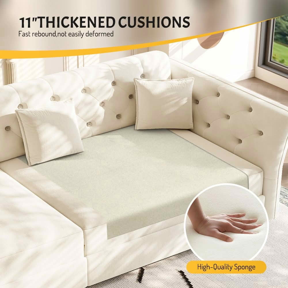 MAYEERTY 100" Oversize Pull‑Out Velvet Sofa Bed, Convertible Sleeper Couch with Handmade Flower Tufted, 4 Pillows Included for Living Room, Bedroom and Apartment