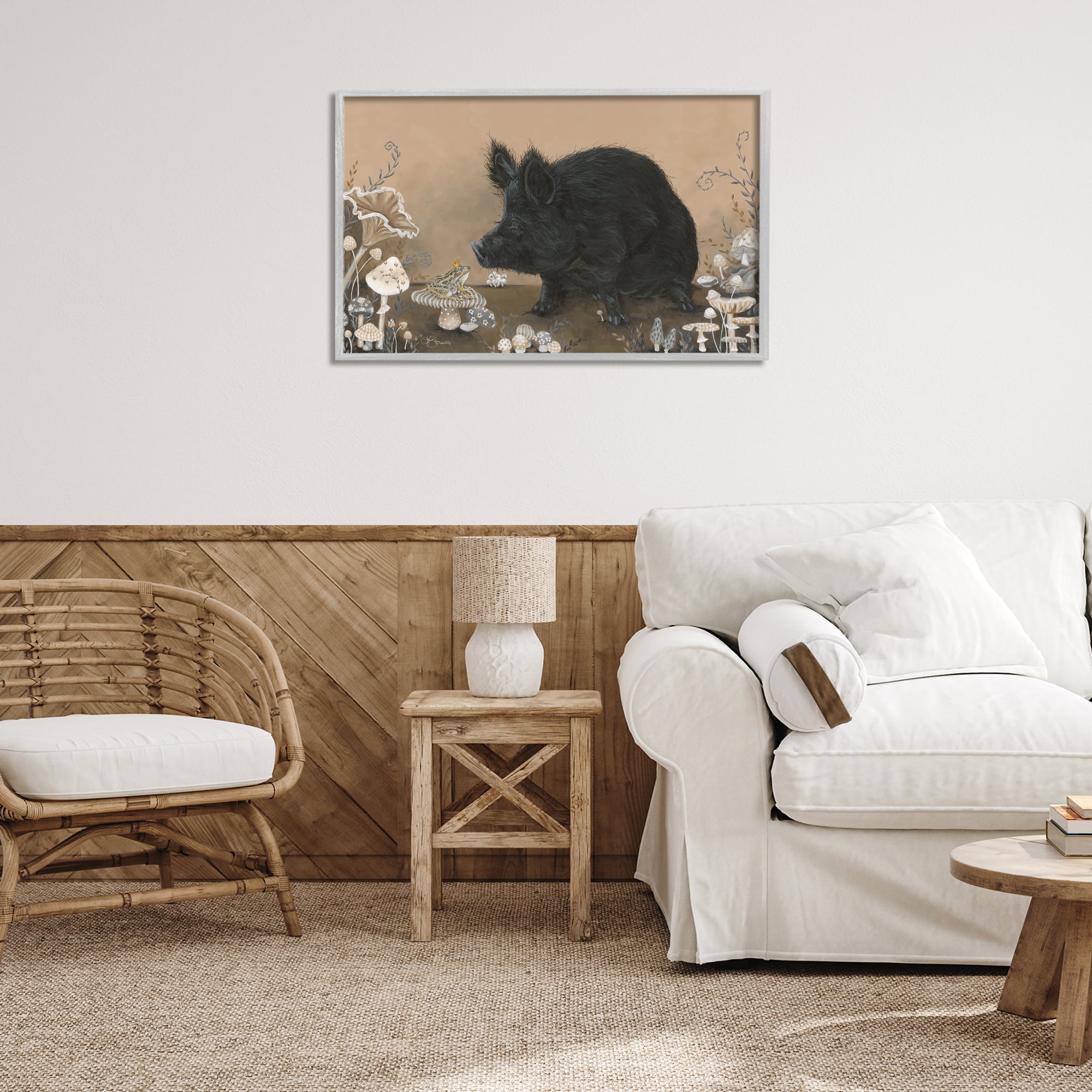 Stupell Industries Hog & Frog with Mushrooms Animals & Insects Painting Gray Framed Art Print Wall Art, 30 x 20