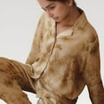 thumbnail image 7 of Women's Satin Pajama Set with Golden Botanical Print Long Sleeve Button Up Top and Relaxed Fit Pants - Medium, Yellow, 7 of 7
