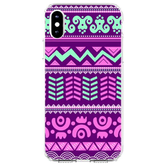 DistinctInk Clear Shockproof Hybrid Case for iPhone XS Max (6.5" Screen) - TPU Bumper, Acrylic Back, Tempered Glass Screen Protector - Pink Green Aztec Tribal