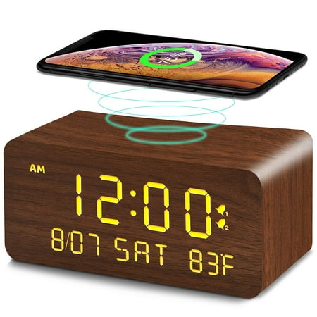 Andoolex Wooden Digital Alarm Clock with Wireless Charging, 0-100% Adjustable Brightness Dimmer and Alarm Volume, Weekday/Weekend Mode, Dual Alarm, Snooze, 12/24H, Wood LED Clock for Bedroom (Brown)