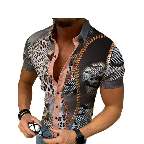 XXLvision Men Summer Printed Short Sleeve Buttons Down Beach Skinny Lapel Neck Casual Shirt