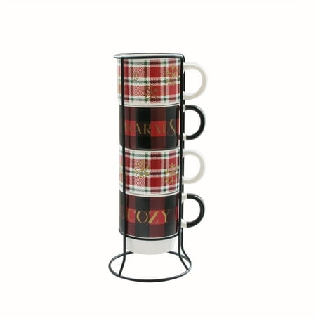 Cozy Christmas Gifts American Atelier Warm & Cozy Plaid 5 Piece Mug Set with Metal Rack ()