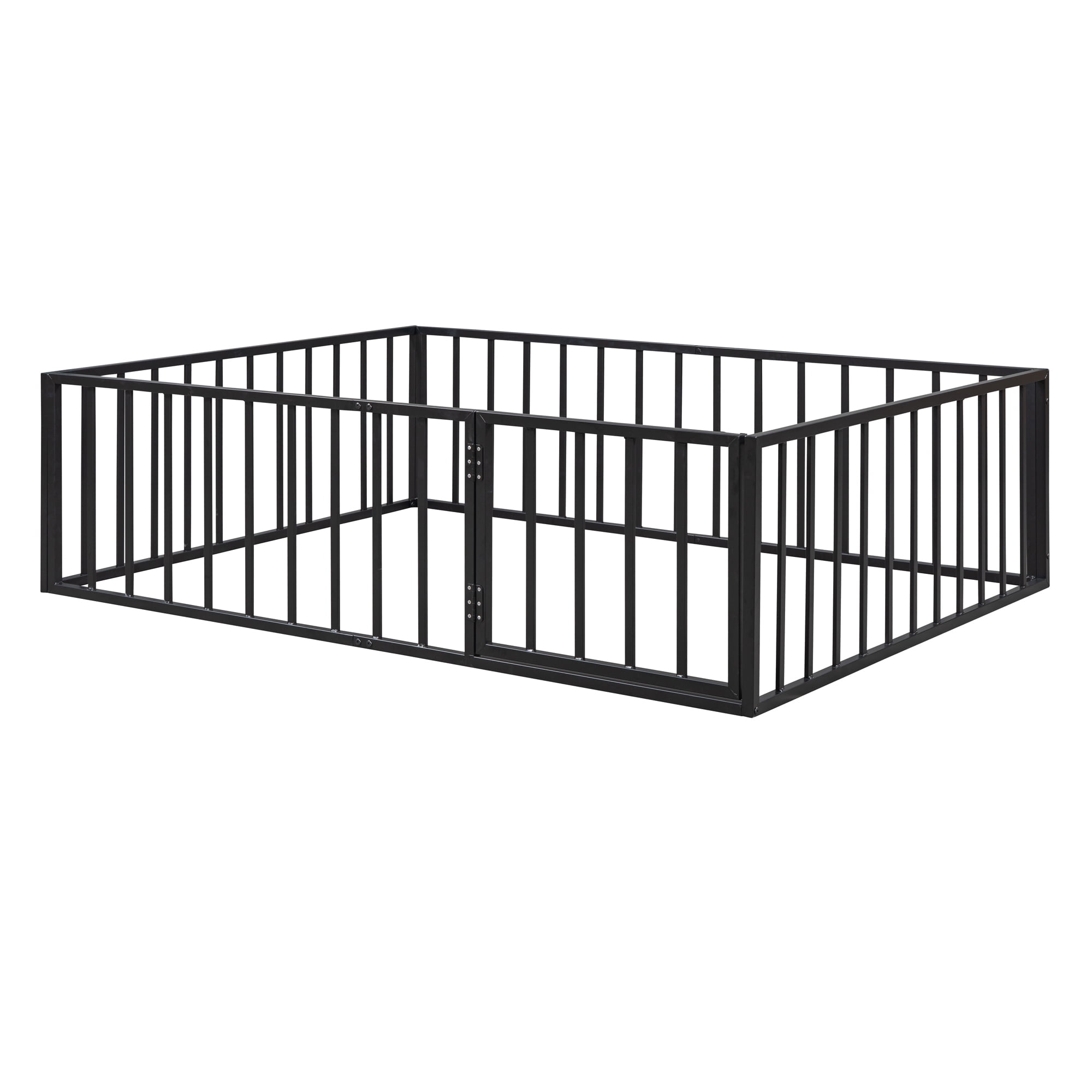 Gewnee Full Size Toddler Bed, Metal Floor Bed Frame with Fence and Door,Black