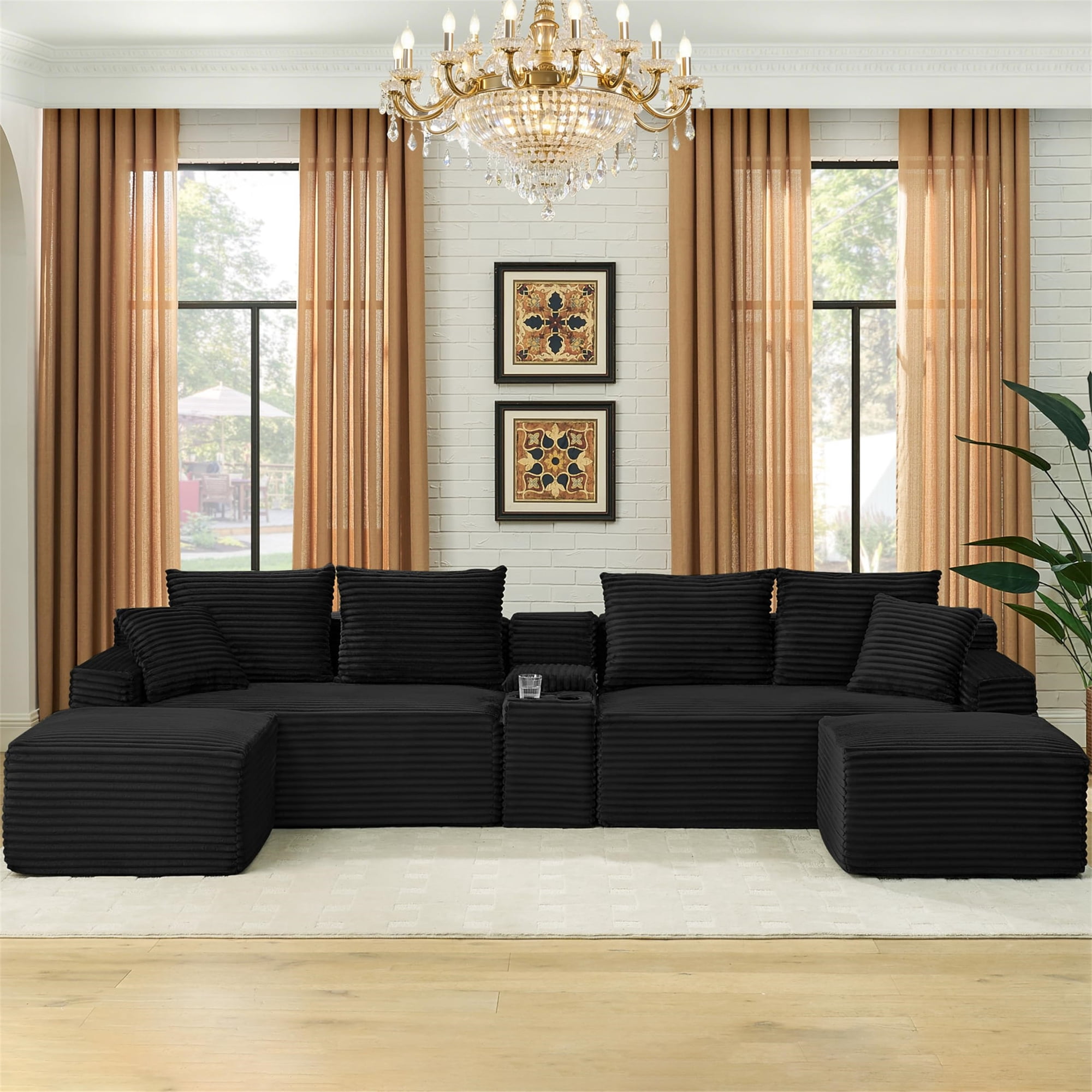 Aukfa 127" U-Shaped Cloud Sectional Sofa Oversized Modular Boneless Couch with USB & Cup Holder Storage Console for Living Room, Corduroy, Black