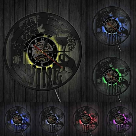 Wine Logo Wall Clock Winery Bottle Glass Grape Vine Drink Drinking Alcohol Liquor Pub Bar Label Emblem Vinyl Record Wall Clock With LED
