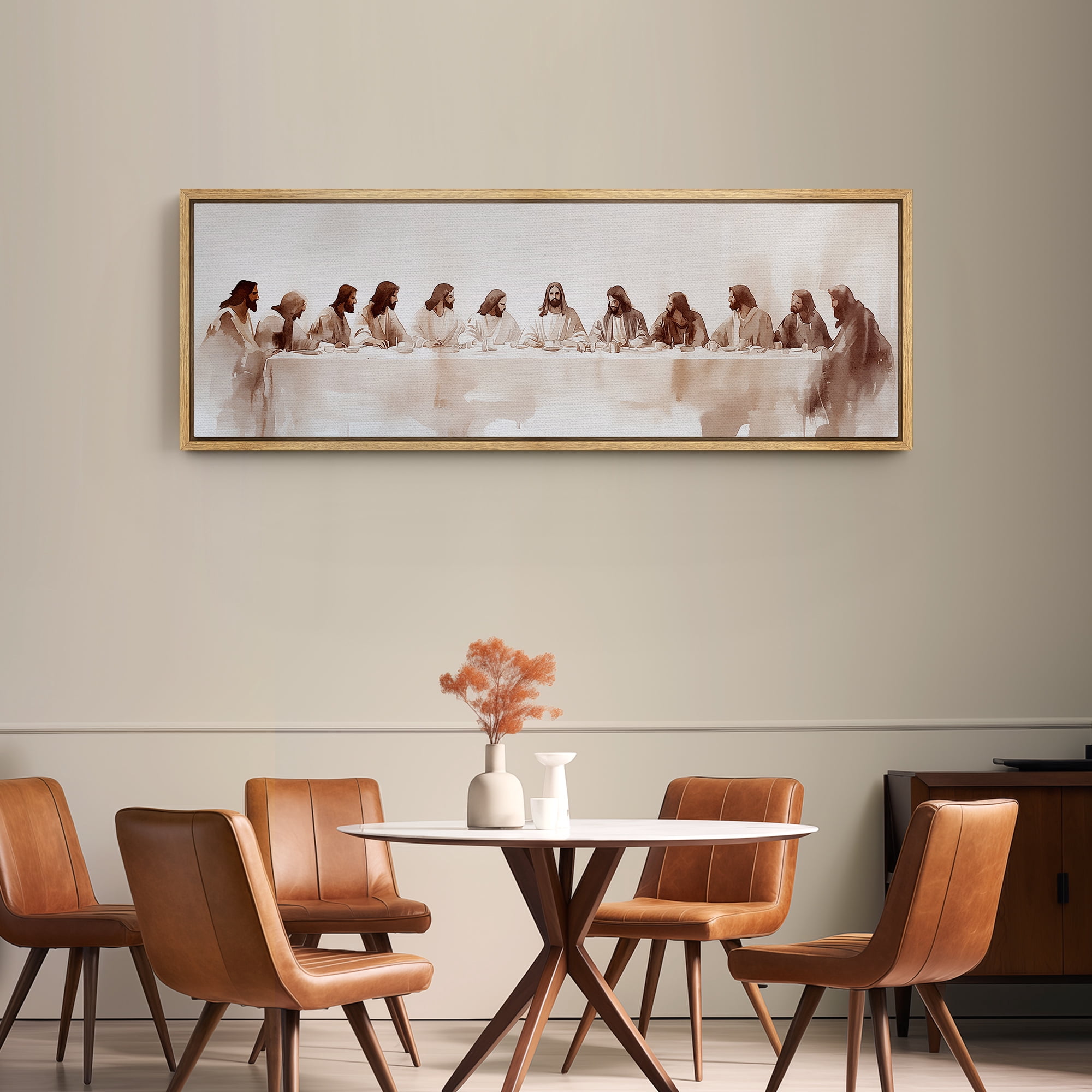 Large Framed Canvas Print Watercolor Last Supper Framed Canvas - Minimalist Religious Artwork Wall Art Decorative Ready to Hang Painting for Living room Bedroom - 60"x20" Natural Frame