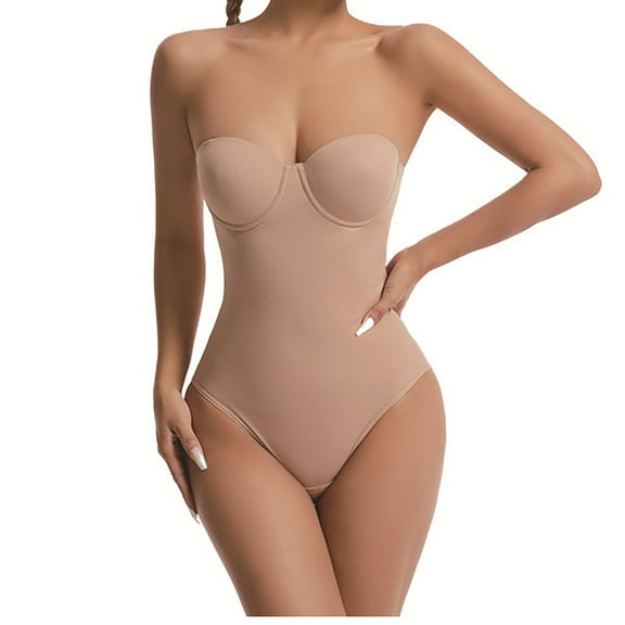 Viluyesy Womens Strapless Shapewear, Extra Firm Tummy Control Snatched Waist High Compression Butt Lifter Bodysuit Beige L