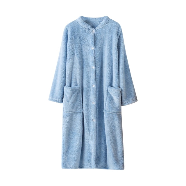 Tnhcen Women's Thickened Fleece Sleep Robe - Button Front Bathrobe with Two Large Pockets Plus Size L-XL Solid Sleepwear Homewear