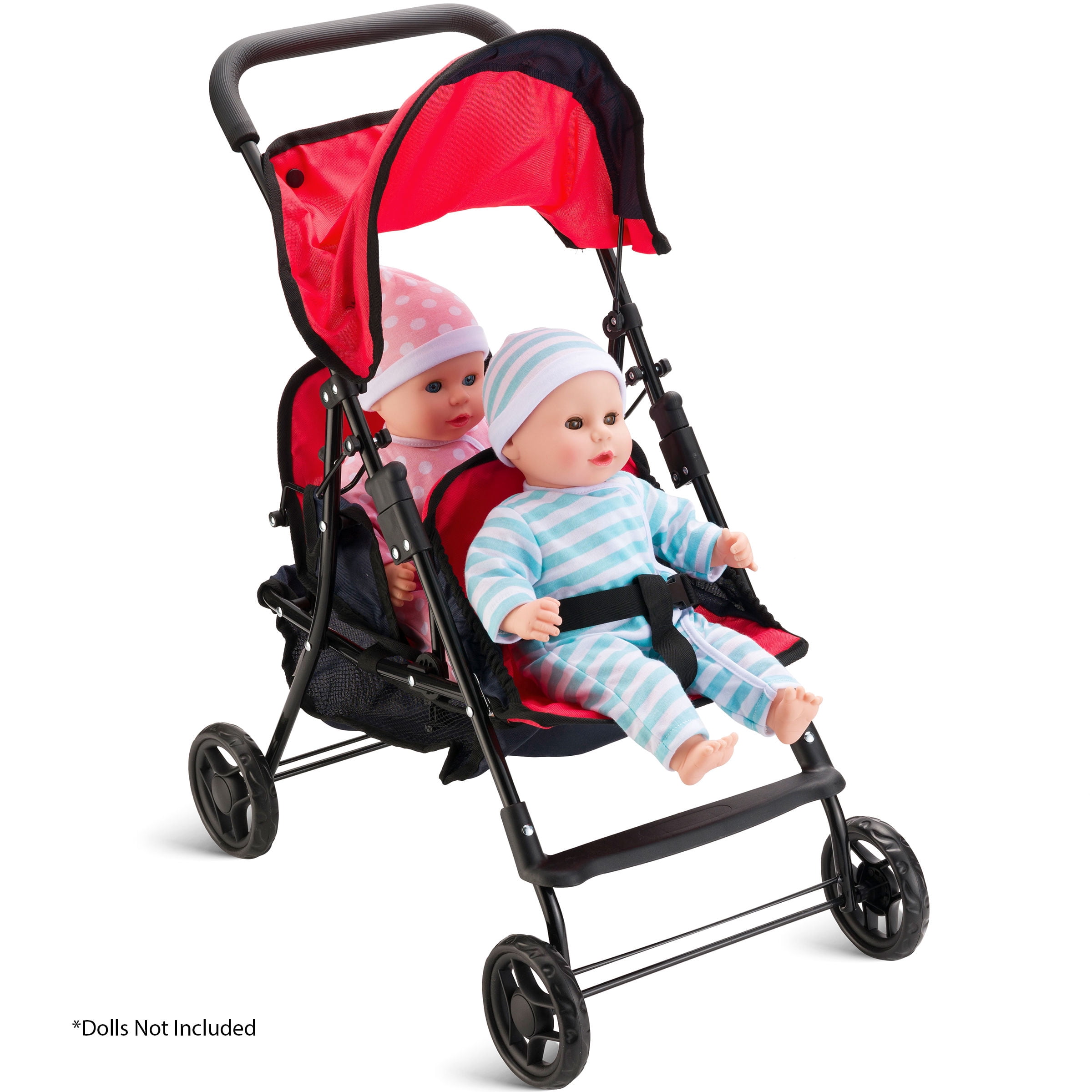 HUSHLILY - Tandem Double Doll Stroller with Adjustable Canopy & Basket, Foldable, with Smooth Rolling Wheels (Red & Blue)
