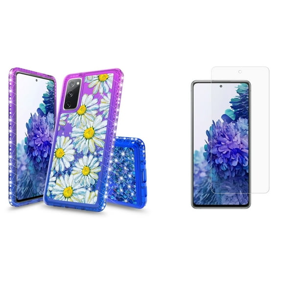 Bemz Liquid Quicksand Case for Samsung Galaxy S20 FE (with 2 Pack of Tempered Glass Screen Protectors and Touch Tool) - Daisy (Purple/Blue)