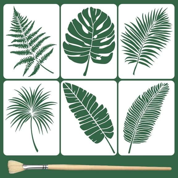 6PCS Large Leaf Stencils for Painting on Walls 15.7 x 11.8 Inch DIY Crafts Plant Stencil with Brushes Palm Leaf Wall Stencil Plastic Art Drawing Templates Tropical Leaves Stencils