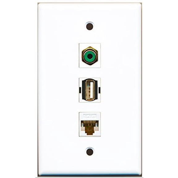 RiteAV - 1 Port RCA Green and 1 Port USB A-A and 1 Port Cat6 Ethernet White Wall Plate