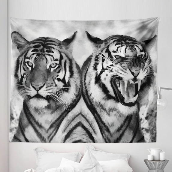 Safari Tapestry, Cat Expression Opposite Images Fearsome Teeth Mirror Angry Intense Wildlife, Fabric Wall Hanging Decor for Bedroom Living Room Dorm, 5 Sizes, Pale Grey Black, by Ambesonne