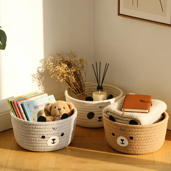 VANLOFE Cat Basket Storage Woven Basket Organizer with Ears Decorative Pet Toy Cute Basket Cotton Rope Basket for Gift Cat Dog Toy Bin Nursery Room(8.3 x 4.7 Inch,White)